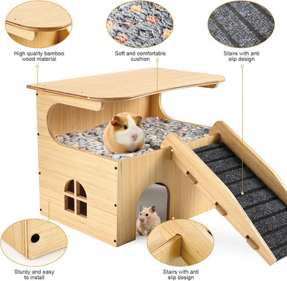 Wooden Guinea Pig Castle Hideout,Enlarged Guinea Pig Castle,Wooden Hamster House with Stairs & Mat,Long-Lasting Small Pet Bed for Piggies Chinchilla Rat Hamster Bunny