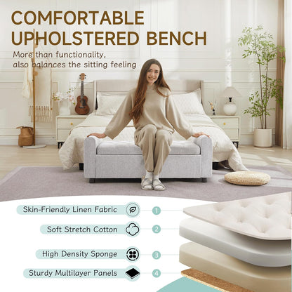 Ottoman with Storage, Tufted Storage Bench for Bedroom, 48" Fabrics End of Bed Bench, Upholstered Entryway Shoe Benches with Rolled Arm & Inner Zipper, Window Ottomans Chest without Rivets, Light Grey