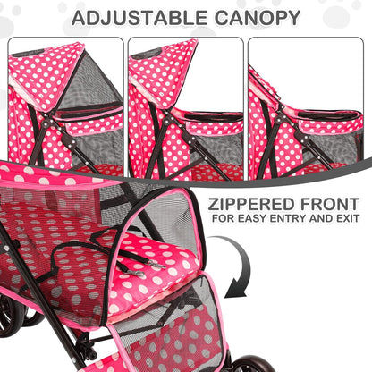 MoNiBloom 4 Wheels Pet Stroller, Easy-Fold Umbrella Shaped Dog Cat Jogger Stroller w/Storage Bag & Visible Mesh for Small/Medium Dogs Cats Hot Pink Polka Dots