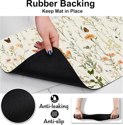 Vintage Wildflowers Herbs Pet Feeding Mat for Floors-Absorbent Dog Bowl Mat for Food and Water, Quick Dry Pet Cat Feeding Mats with Non Slip Bottom, Mess-Free Dog Accessories 12"x20"