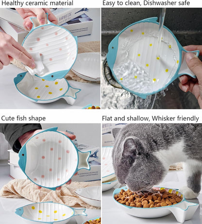 Double Whisker Friendly Ceramic Cat Food Dishes, Cute Shallow Anti Whisker Fatigue Wide Cat Bowl for Indoor Cats, Whisker Relief Flat Cat Plates for Wet Food, Small Pet Kitten Feeding Dish