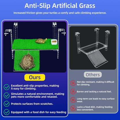 Adjustable Hanging Turtle Dock with Anti-Slip Artificial Grass Basking Platform Sturdy Acrylic Ramp for Aquatic Turtles, Compatible with Various Tank Sizes, Easy Setup Transparent, 13x6.9 Inch