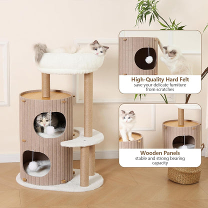 Cat Tree Tower with 2-Storey Large Felt Cat Bed Cave, Cozy Cats Tunnel Condo with Washable Cushions, 36.6"