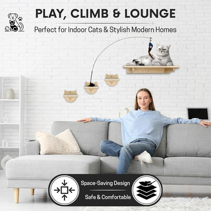 Snuggle & Play Cat Wall Shelves with Suction Cup Wand – 3 Mounted Steps, Climbing Wall Shelves and Furniture with Cat Wand