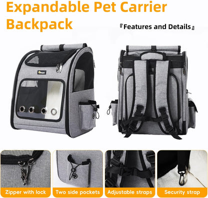 Hoopet Expandable Cat Backpack Carrier – Breathable Pet Carrier for Small Cats & Dogs, Foldable Travel Backpack with Mesh Ventilation for Hiking, Walking, Camping, Light Grey