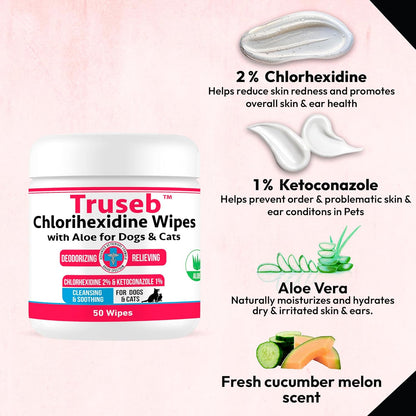 Truseb Topical Ketoconazole and Chlorhexidine Wipes for Dogs, Cats and Horses - with Aloe for Cleansing - 50 Count (Ketoconazole & Chlorhexidine Wipes, 50 Count)
