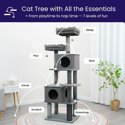 Catry® Stella 7-Level 67.5” Linen & Quilted Velvet Cat Tree with Recycled Paper Scratchers, Two Condos, Removable Beds, Toys, Easy to Clean, Ideal for Large Cats and Multi-Cat Homes (Zinc Gray)