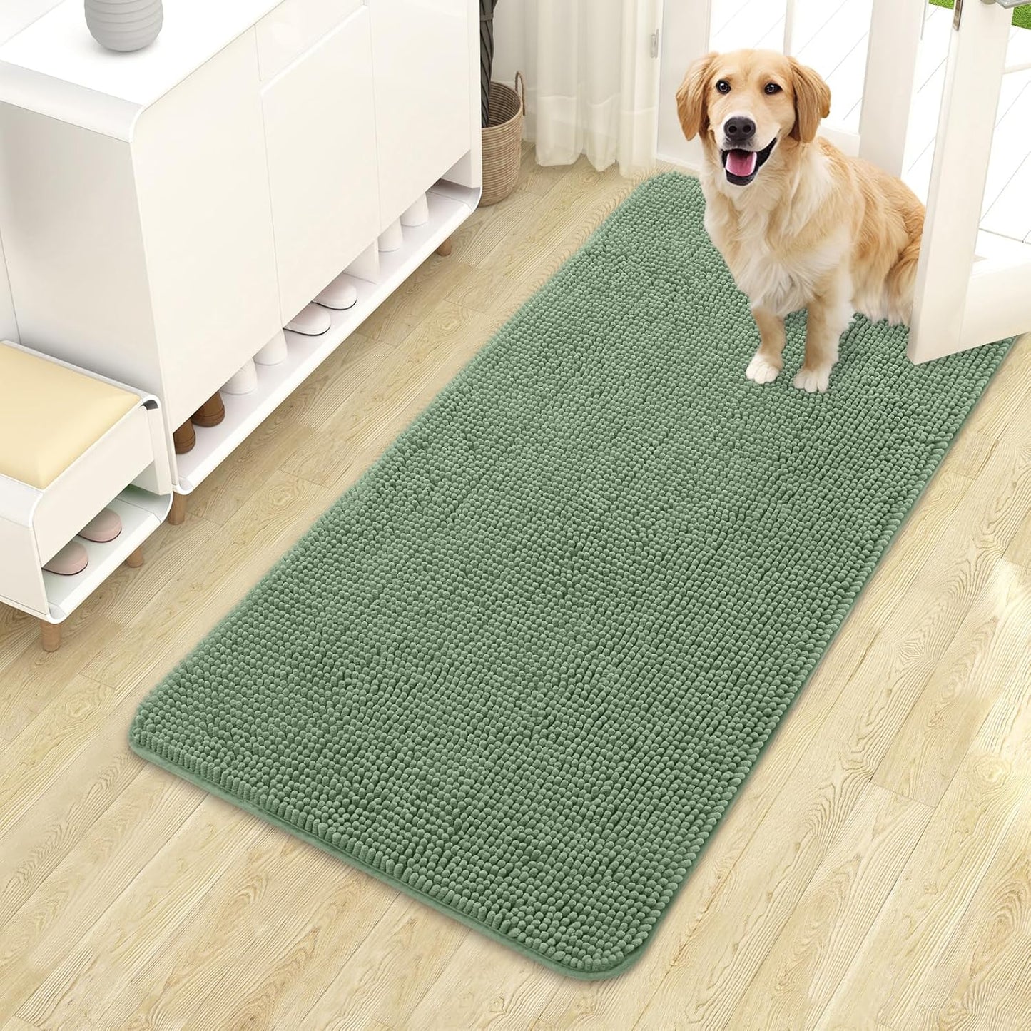 OLANLY Dog Door Mat for Muddy Paws 44x24, Absorbs Moisture and Dirt, Absorbent Non-Slip Washable Doormat, Quick Dry Chenille Mud Mat, Entry Indoor Entryway Carpet for Inside Floor, Olive Green