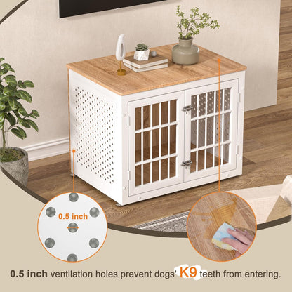 32" Heavy Duty Dog Crate Furniture for Small and Medium Dogs, Metal Kennel for High Anxiety Dogs, Chew Proof Pet Cage Indoor, Decorative Dog Kennel End Table, White