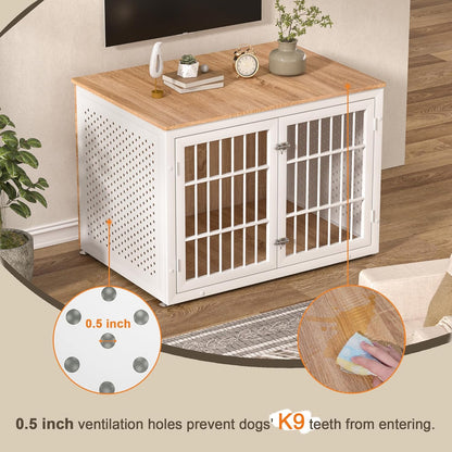 42" Heavy Duty Dog Crate Furniture for Large Dogs, Metal Kennel for High Anxiety Dogs, White Wooden Cage Furniture Indoor, Decorative Dog Kennel End Table, XL