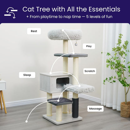 Catry Kasio 6 Level 54" High Modern Cat Tree with Laminated Wood Condo,Replaceable Scratching Posts,Removeable Washable Beds, Self Grooming Brush and Toys.(Light Gray)