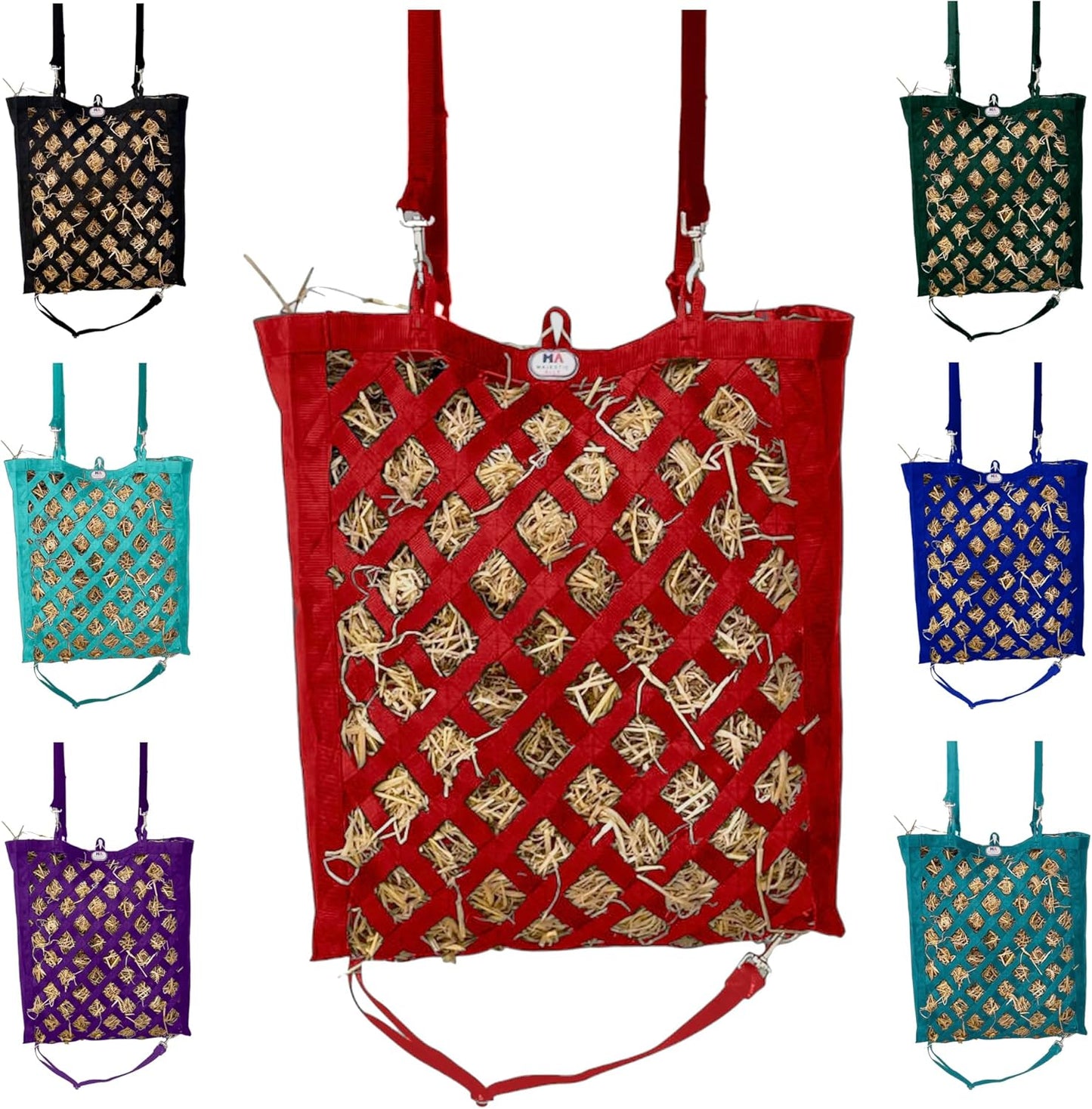 Majestic Ally Premium Nylon Hay Bag for Horses and Livestock, Simulates Grazing, Slow Feeding, Heavy-Duty PP Webbing,Quick-Adjust Straps, Small Hole for Digestion, Multiple Colors (Red)