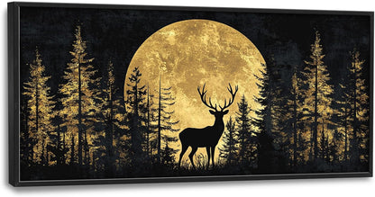 Large Moon Deer Forest Wall Art for Living Room, Black Gold Canvas Oversized Wall Decor, Elk Animal Framed Pictures Painting Print Artwork for Bedroom Office 60L" x 30W"