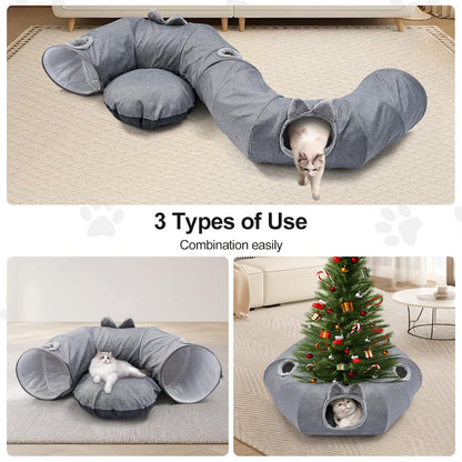 Odoland Summer Linen Cat Tunnels for Indoor Cats with Cooling Central Cat Bed, Interactive Cat Toys Detachable Soft Mat and Variety Kitty Toy Set Grey