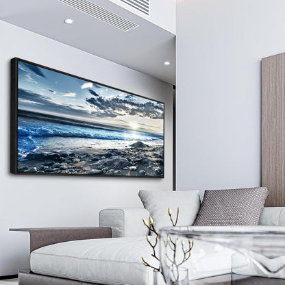 Wapluam Large Canvas Prints Wall Art For Living Room Wall Decorations For Bedroom Office Wall Decor Scenery Wall Painting Blue Sea Pictures Artwork For Fashion Black Framed Beach Posters Home Decor