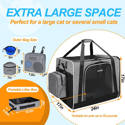 Petskd Extra Large Cat Carrier with Litter Box 24"x17"x17" for Medium Large Cat or 2 Small Cats, Collapsible Soft Sided Pet Carrier for Car Travel with Lockable Safety Zippers(Grey)