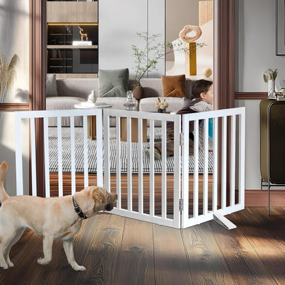 ZJSF Freestanding Indoor Dog Gate for House Foldable Wood White Puppy Gate for Doorways Pet Gate for Stairs Extra Wide Pet Fence 24" Height 3 Panels