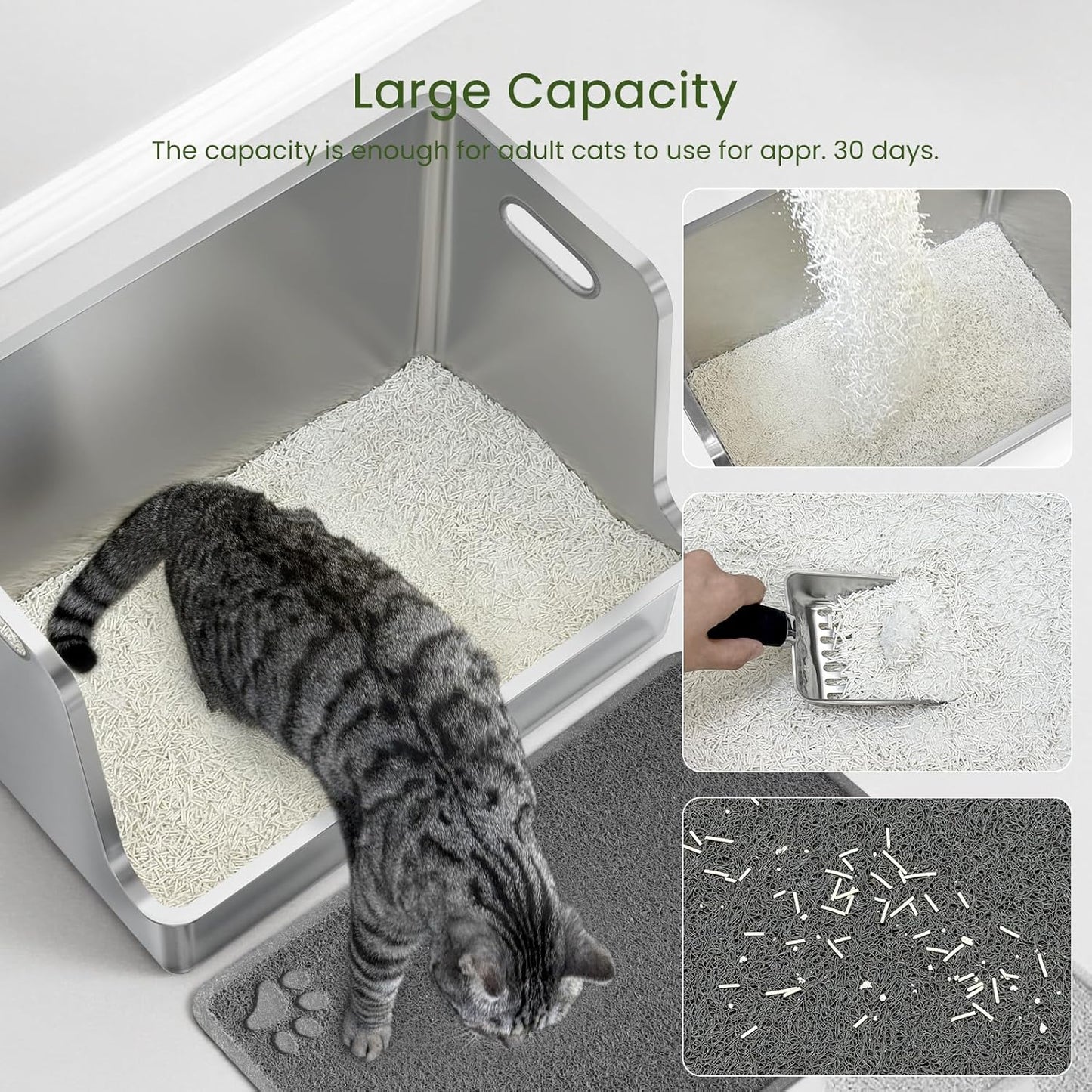 One-Piece Stainless Steel Litter Box, 14.5" High-Side XL Metal Cat Litter Box, Extra Wide Entry Pet Toilet, Cat Litter Station with Wheels, Easy to Move, Non-Stick, No Odor, for Big or Multiple Cats