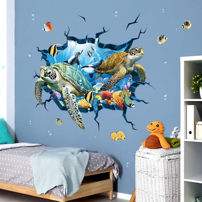 decalmile 3D Under The Sea Turtle Wall Decals Underwater Ocean Fish Broken Wall Stickers Kids Bedroom Living Room Bathroom Wall Decor