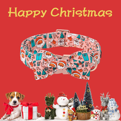 Unique Style Paws Christmas Day Dog Collar with Bow Pink Christmas Man Cotton Puppy Collars for Small Medium Large Dogs