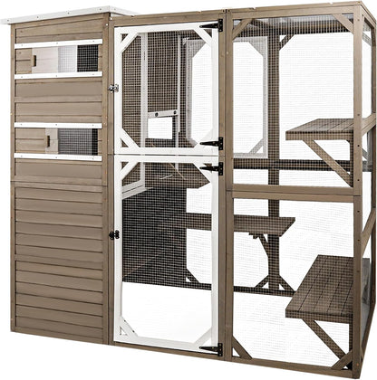 Catio Outdoor Cat Enclosure, Large Cat House Cat Cage Condo Indoor Playpen Kitty Shelter with Multi-Level Platforms, Waterproof Roof, Pull-Out Tray, and 2 Resting Boxes