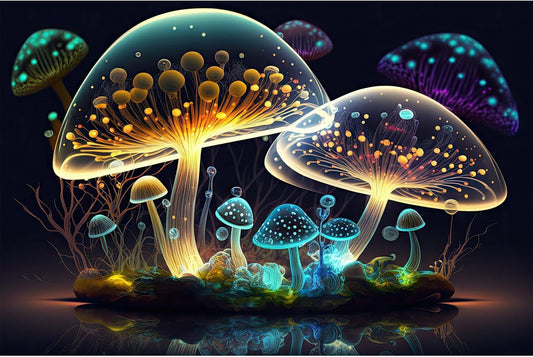 Mushroom Aquarium Background Abstract Glowing Fantasy Mushrooms Terrarium Background Mysterious Forest Magical Night In Circle Shape Crystal Glass Fish Tank Backdrop Decorations Vinyl 24x16in
