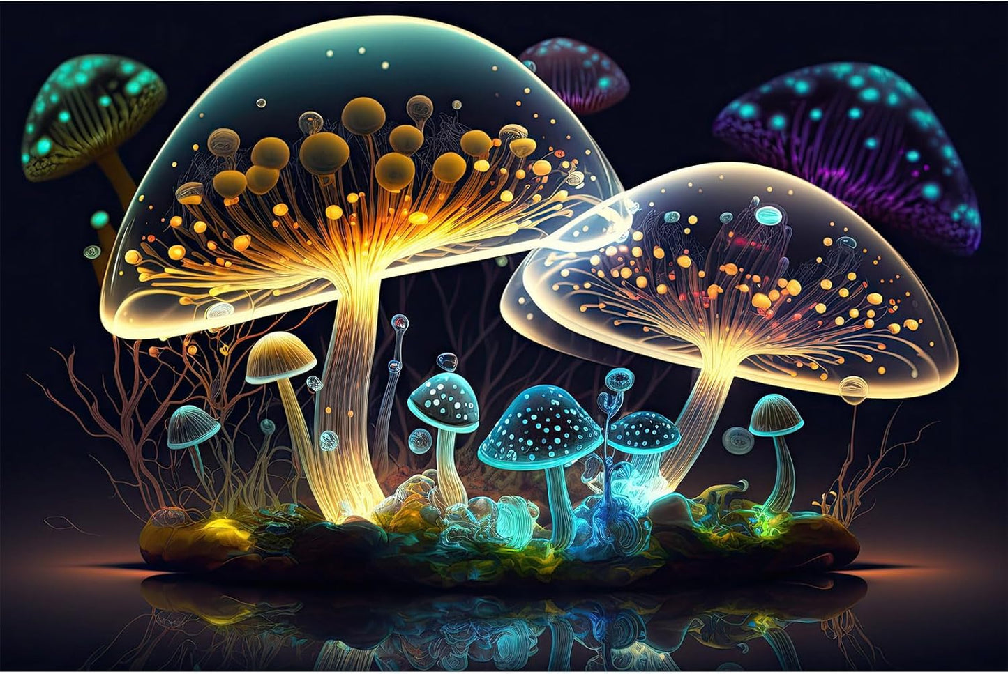 Mushroom Aquarium Background Abstract Glowing Fantasy Mushrooms Terrarium Background Mysterious Forest Magical Night In Circle Shape Crystal Glass Fish Tank Backdrop Decorations Vinyl 36x24in