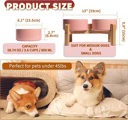 Elevated Ceramic Dog Bowl Set - Raised Dog Bowls with Non-Slip Bamboo Stand - Dog Food and Water Bowl Set - Double Dog Feeding Bowls - Suitable for Small and Medium Dogs - 28.74 OZ - 3.6 CUPS - 850 ML
