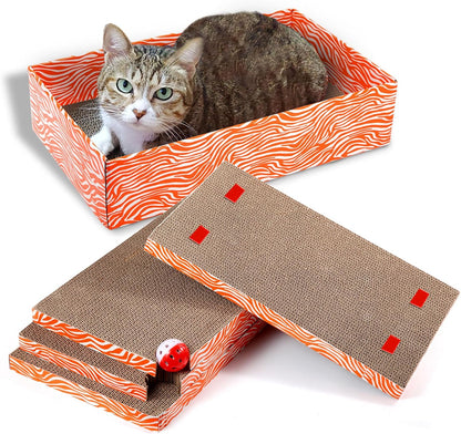 Cat Scrather Box with 4 pcs Large Scratching Cardboard and Toy Ball, Catnip, 4 in 1 Large Refillable & Reversible Cat Scratcher Pad, Cardboard Cat Bed for Big Medium Small Lazy Kitty