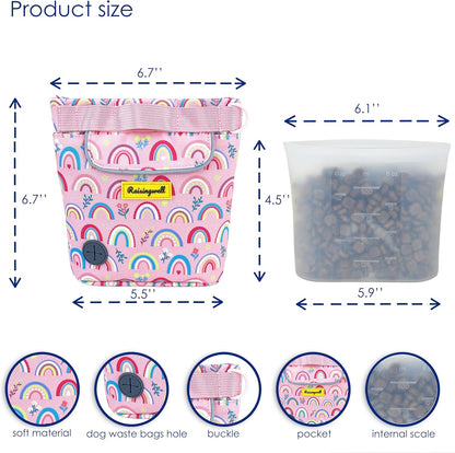 Dog Treat Pouch for Pet Walking and Training with Clicker 2 Cup Silicone Bag Small Fanny Pack Holder for Puppy Snack Dispenser Kit for Leash and Outdoor Use (Rainbow)