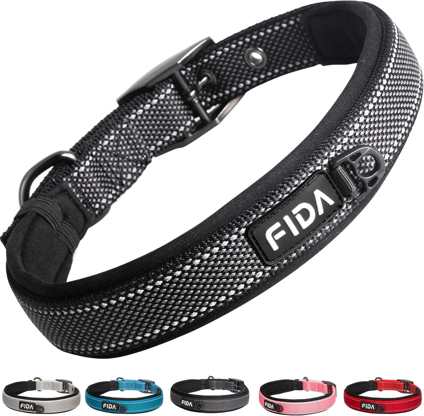 Fida Heavy Duty Dog Collar, Ultra Comfortable Soft Neoprene Padded, Adjustable Reflective Nylon Pet Collar with Durable Metal Belt Buckle for Large Breeds (L, Black)