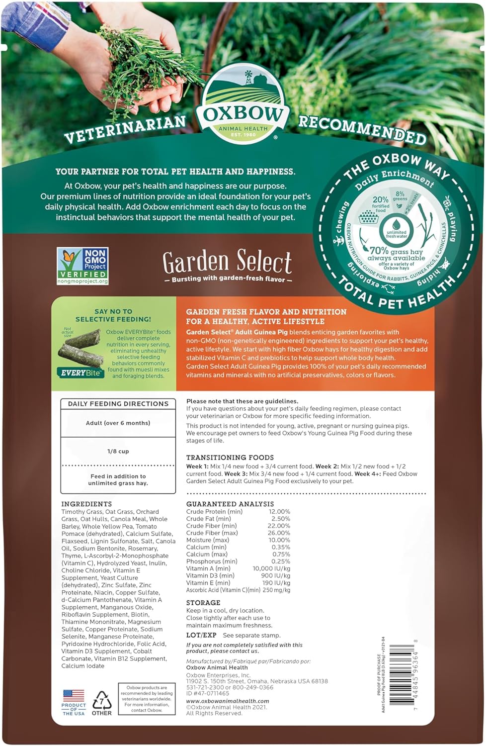 Oxbow Garden Select Guinea Pig Food, Adult, Made Timothy Hay for Guinea Pig, Pet Food Pellets with Vitamin C, Non-GMO, Small Animal Pet Products, Made in USA, High Fiber, 8 lb. Bag