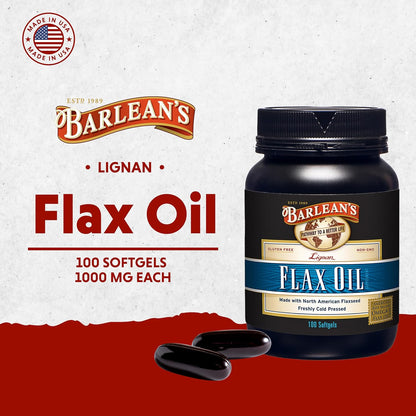 Barlean's Omega 3 6 9 Lignan Flaxseed Oil Supplements, Cold-Pressed Flax Seed Supplement Softgels with 1550 mg ALA Fatty Acids, 100 Count