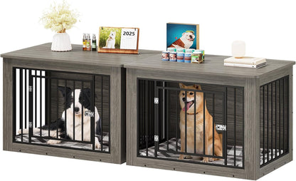 YITAHOME 76 Inch Double Dog Crate Furniture, XXL Dog Crate Furniture for 2 Dogs, Side End Table, Waterproof Top, Safety Corners, 2-in-1 Iron-Wood Fusion Dog Kennel Furniture for 2 Large Dogs,Greige