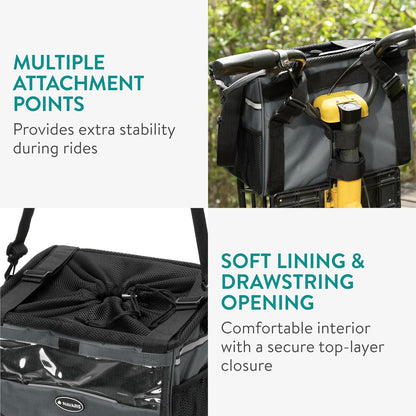 Navaris Pet Carrier for Bikes - Bike Basket Dog Carrier - Ideal Carriers for Small to Medium Dogs Up to 10kg (22lbs) - Drawstring Bag with Secure Locks and Strap - Grey