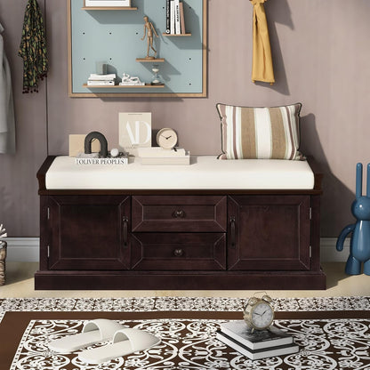 Storage Bench with 2 Drawers and 2 Cabinets, Pine Wood Pine Wood Shoe Bench with Removable Cushion for Living Room, Entryway 42.5" L x 15.9" W x 17.5" H (Espresso)