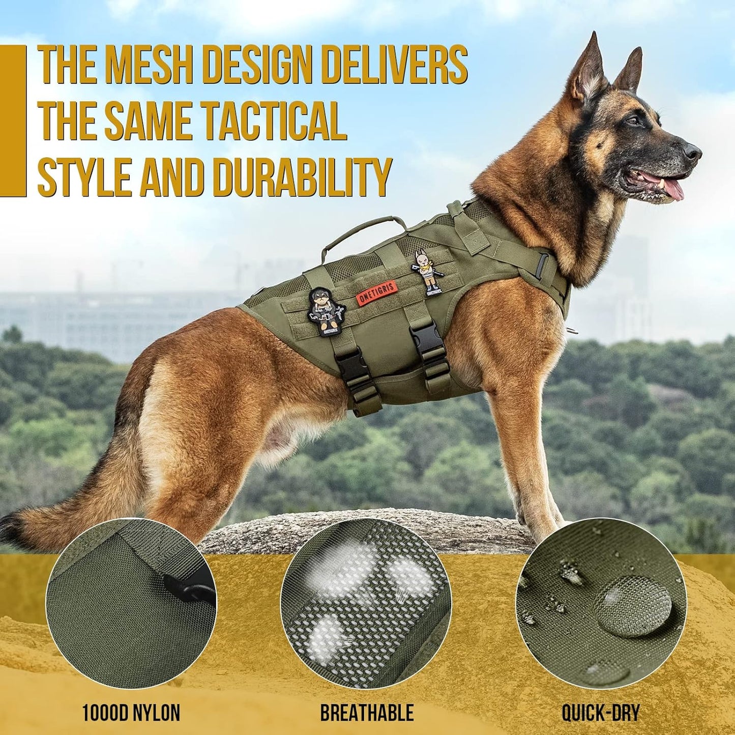 OneTigris Tactical Dog Harness for Small Dogs, No Pull Small Dog Vest Harness Breathable Military Dogs Molle Vests with Handles, Harness for Walking Hiking Training (Green, XS)