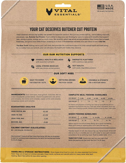 Vital Essentials Freeze-Dried Raw Duck Meal or Mixer Cat Food Soft Nibs | 99% Duck, Organs & Bone | 12 oz