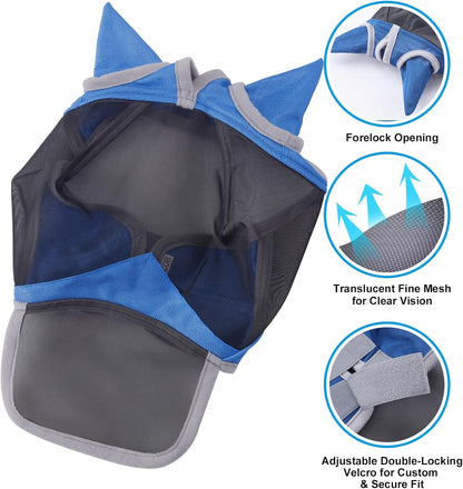 Horse Fly Mask with Ears & Long Nose Cover | Forelock Opening for Tangle-Free Mane Care | UV Protection & Breathable Mesh | No Rub Fit and Enhanced Visbility for Trail Riding RoyalBlue Pony