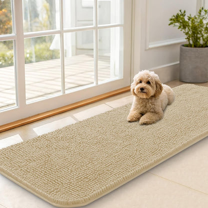 OLANLY Dog Door Mat for Muddy Paws 59x20, Absorbs Moisture and Dirt, Absorbent Non-Slip Washable Doormat, Quick Dry Chenille Mud Mat for Dogs, Entry Indoor Entryway Carpet for Inside Floor, Beige