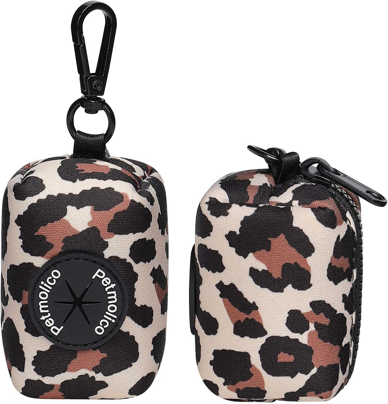 Petmolico Dog Poop Bag Holder Leash Attachment, Waste Bag Dispenser Zippered Pouch, Fits Any Leash, Includes Free Roll of Bags, 2 Pack - Leopard
