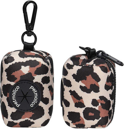 Petmolico Dog Poop Bag Holder Leash Attachment, Waste Bag Dispenser Zippered Pouch, Fits Any Leash, Includes Free Roll of Bags, 2 Pack - Leopard