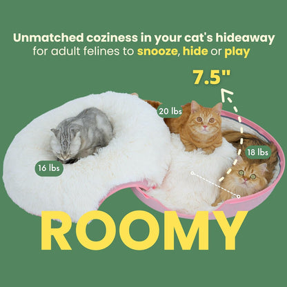 CATTASAURUS Peekaboo Cat Cave for Multiple & Large Cats Up to 30-45 Lbs, Fluffy Cat Beds for Indoor Cats, Scratch Detachable & Washable Tunnel Bed, Comfy Donut Cat Cave (Pink, Large (Calming))