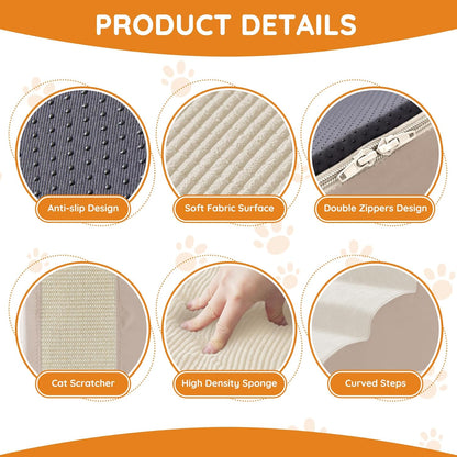 Pet Stairs for Small Dogs - 3-Step Curved Dog Ramp for Bed, Couch, Sofa, Car and Chairs - Non-Slip Bottom Design - Cat Scratching Board - High Density Foam Portable Pet Step - Beige