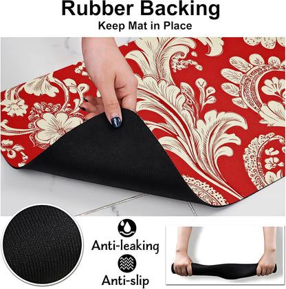 Red White Paisley Dog Food Mat-Absorbent Pet Feeding Mat for Food and Water Bowl, Quick Dry Dog Placemat with Rubber Backing-No Stains Pet Supplies for Messy Drinkers 12"x20"