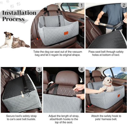 Dog Car Seat for Medium & Large Dogs Up to 55lbs, Memory Foam Cushion, Washable Cover, Safety Straps & Non-Slip Base(Grey,Large)