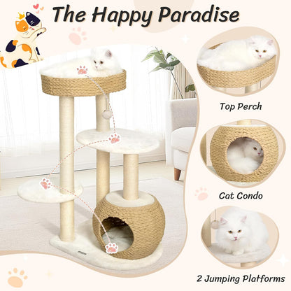KAMABOKO Modern Cat Tree, 39" Tall Cat Trees for Kittens Climb Play & Rest, Cat-Tree for Indoor Cats w/Natural Sisal Scratching Posts, Hand-Woven Condo & Top Perch