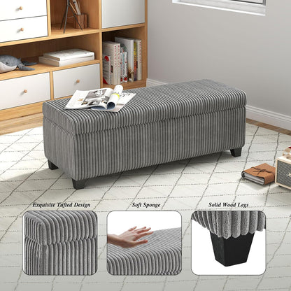 48" Ottoman with Storage, Corduroy Storage Ottoman Bench for Bedroom, End of Bed Bench with Safety Hinge for Living Room, Bedroom, Entryway, Grey