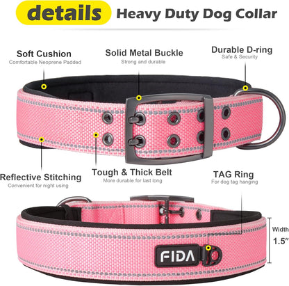 Fida Heavy Duty Dog Collar 1.5” Width, Ultra Soft Neoprene Padded, Adjustable Reflective Nylon Pet Collar with Two Metal Pin Belt Buckle for Large/X-Large Breeds (XL, Pink)