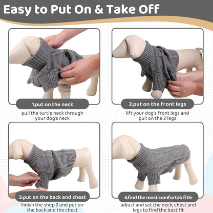Queenmore Small Dog Pullover Sweater, Cold Weather Cable Knitwear, Classic Turtleneck Thick Warm Clothes for Chihuahua, Bulldog, Dachshund, Pug (Slate Grey, Medium)